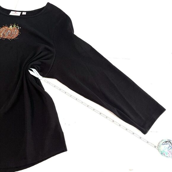 Quacker Factory Rhinestone Pumpkin Black Waffle Knit Long Sleeve Tee Size 3X - Picture 8 of 12